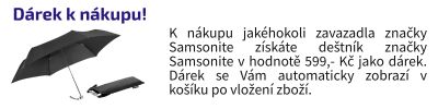 K nákupu jakéhokoli zavazadla značky Samsonite získáte deštník značky Samsonite v hodnotě 599,- Kč jako dárek. Dárek se Vám automaticky zobrazí v košíku po vložení zboží. (1)